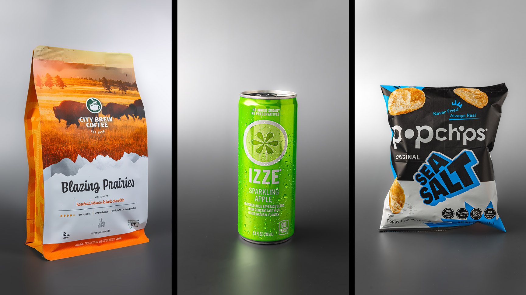 Bag of coffee, canned drink and packaged chips - Product Photography - Kinetic Studios
